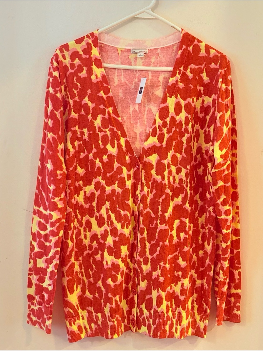 GAP Coral Pink and Yellow Patterned V-Neck Cotton Cardigan